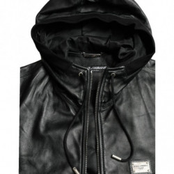 Giacca in pelle nera con cappuccio e zip intera con logo - IT48 - M