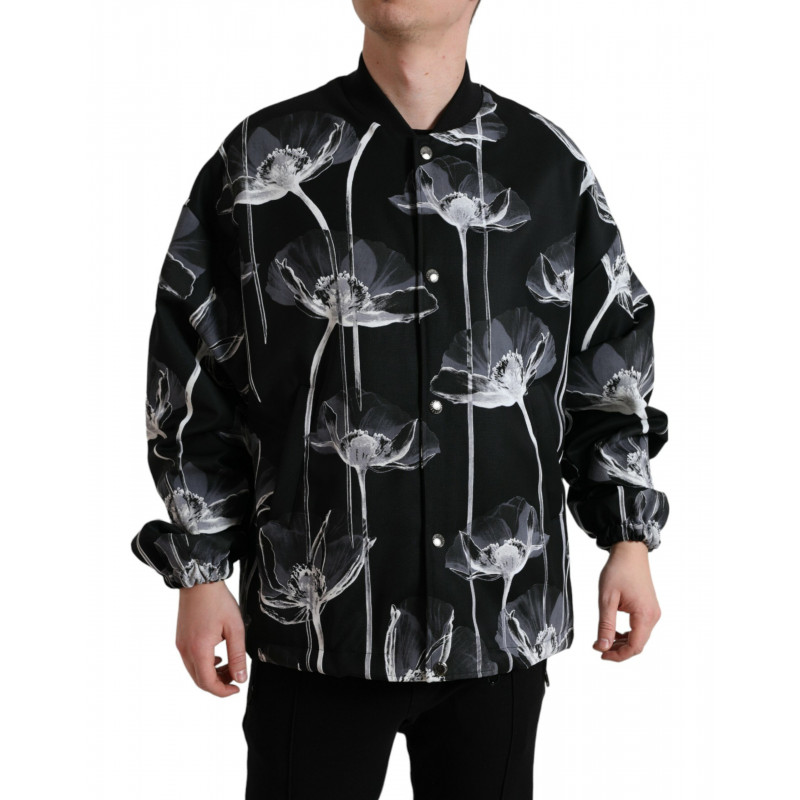 Giubbotto bomber abbottonato lana nera stampa floreale - IT54 - XL