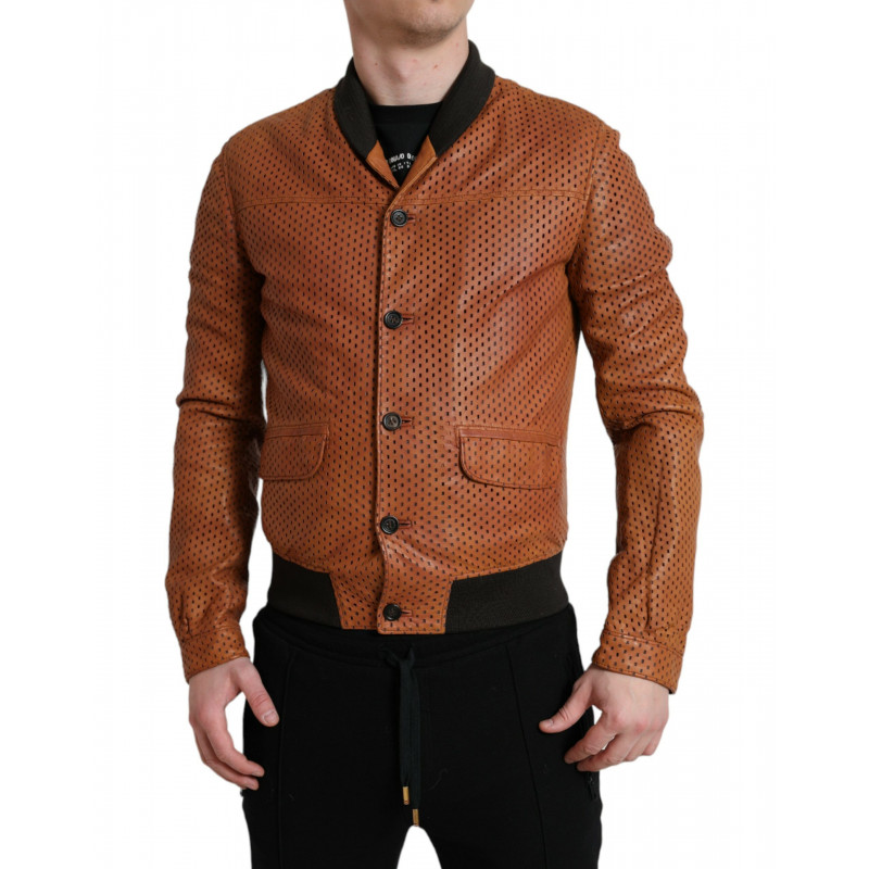 Giacca Traforata In Pelle Di Agnello Marrone - IT50 - L
