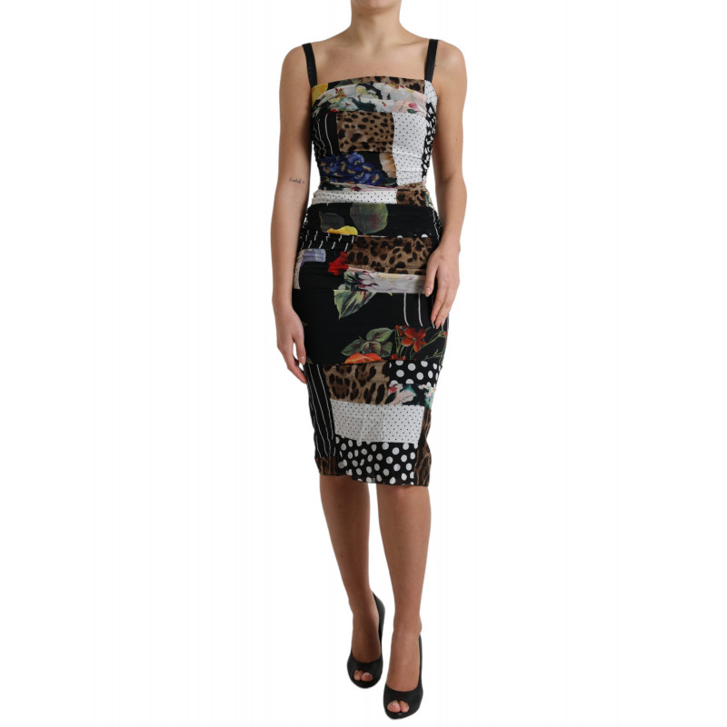 Abito aderente leopardato floreale midi patchwork multicolor - IT40-S