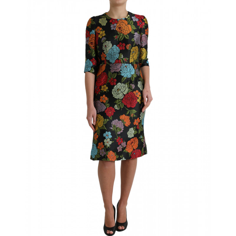 Abito al ginocchio con ricamo floreale nero - IT40-S