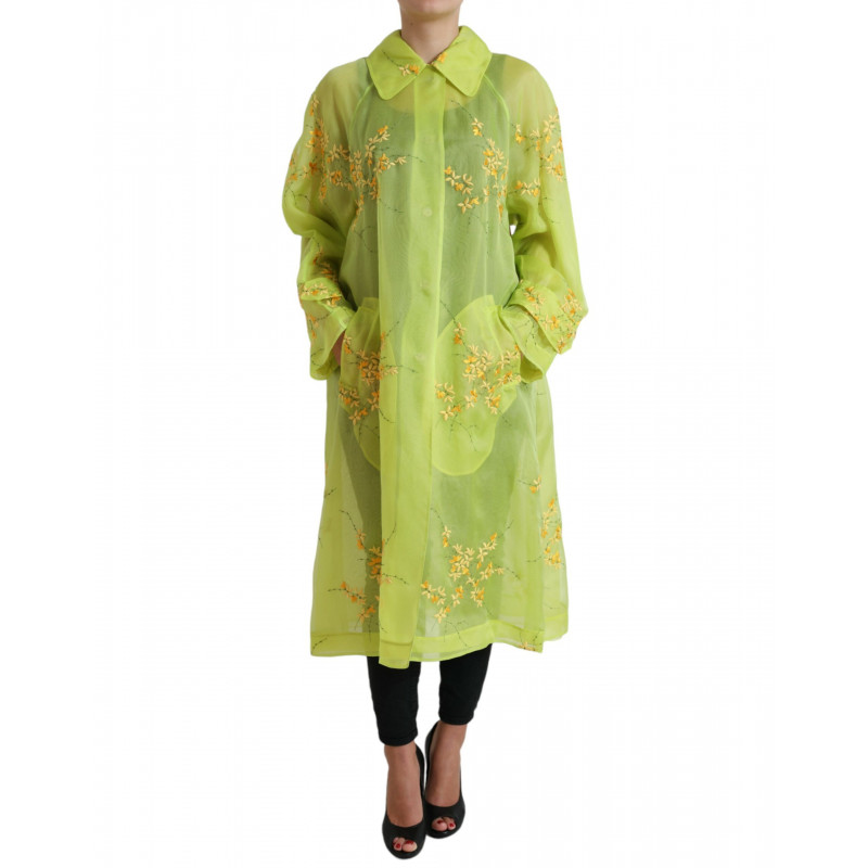 Giacca a cappotto lungo con ricamo floreale in seta verde - IT40-S