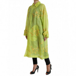 Giacca a cappotto lungo con ricamo floreale in seta verde - IT40-S