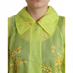 Giacca a cappotto lungo con ricamo floreale in seta verde - IT40-S