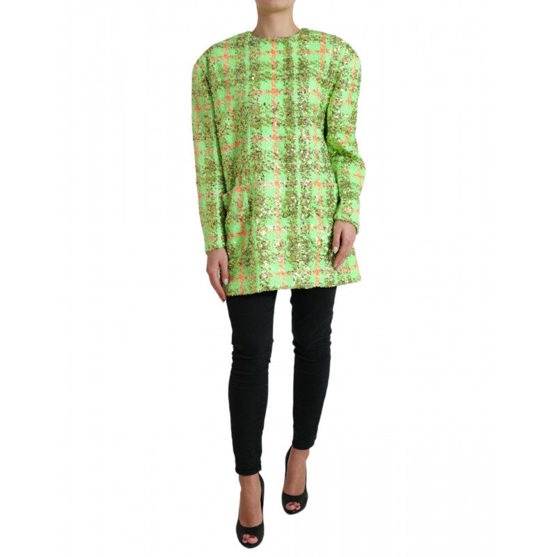Giacca cappotto a quadri con paillettes in nylon verde - IT40-S