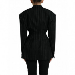 Giacca cappotto doppiopetto in lana a righe nere - IT40-S