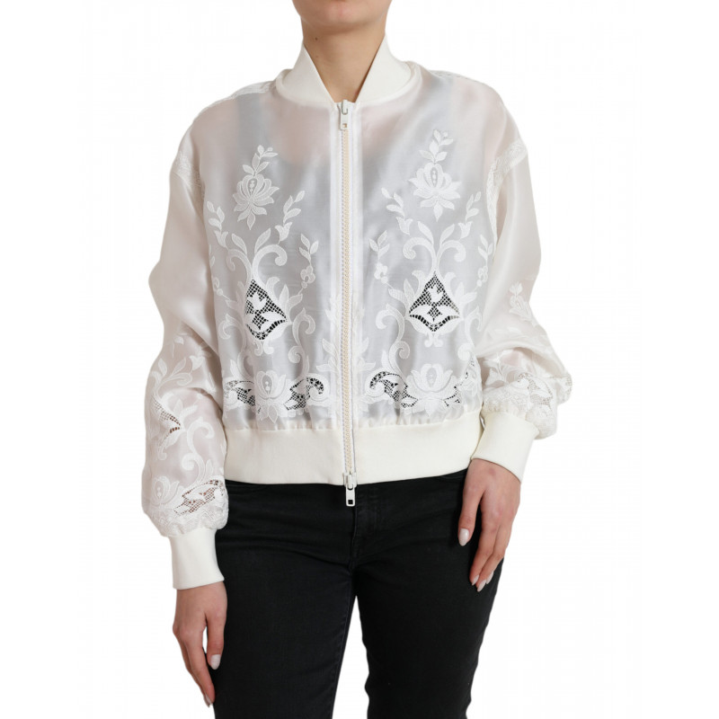 Giubbotto bomber con zip intera in seta pizzo floreale bianco - IT40-S