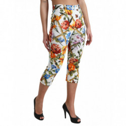 Pantaloni cropped a vita alta con stampa maioliche bianche - IT40-S