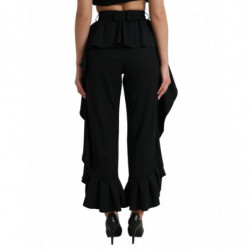 Pantaloni larghi a vita alta con volant in lana nera - IT40-S
