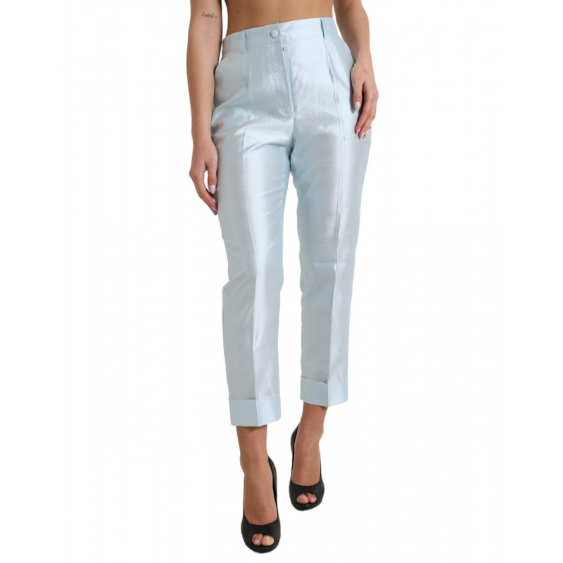 Pantaloni con orlo piegato a vita alta in seta blu cielo - IT42-M