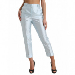 Pantaloni con orlo piegato a vita alta in seta blu cielo - IT42-M