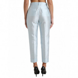 Pantaloni con orlo piegato a vita alta in seta blu cielo - IT42-M