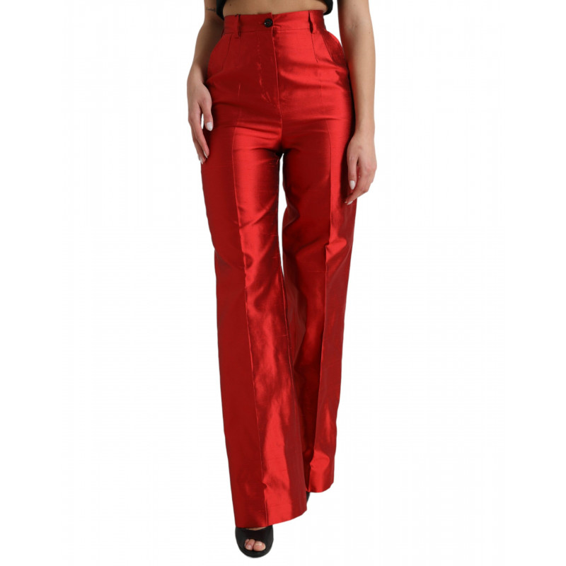 Pantaloni larghi a vita alta in raso di seta rosso - IT40-S