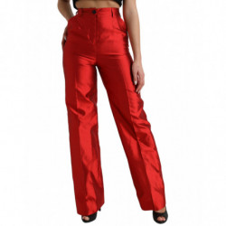 Pantaloni larghi a vita alta in raso di seta rosso - IT40-S