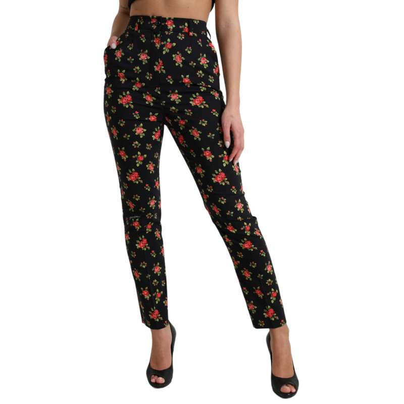 Pantaloni affusolati a vita alta in lana floreale nera - IT40-S
