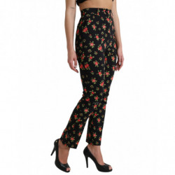 Pantaloni affusolati a vita alta in lana floreale nera - IT40-S