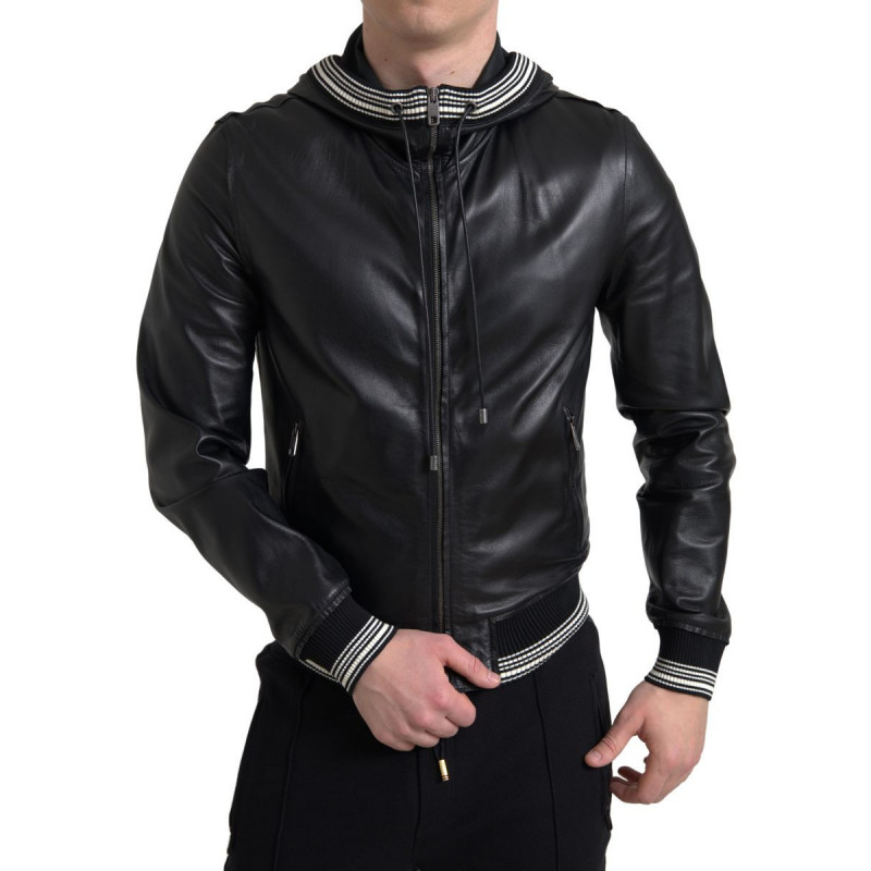 Giacca da uomo con cappuccio e zip intera in pelle nera - IT46 - S