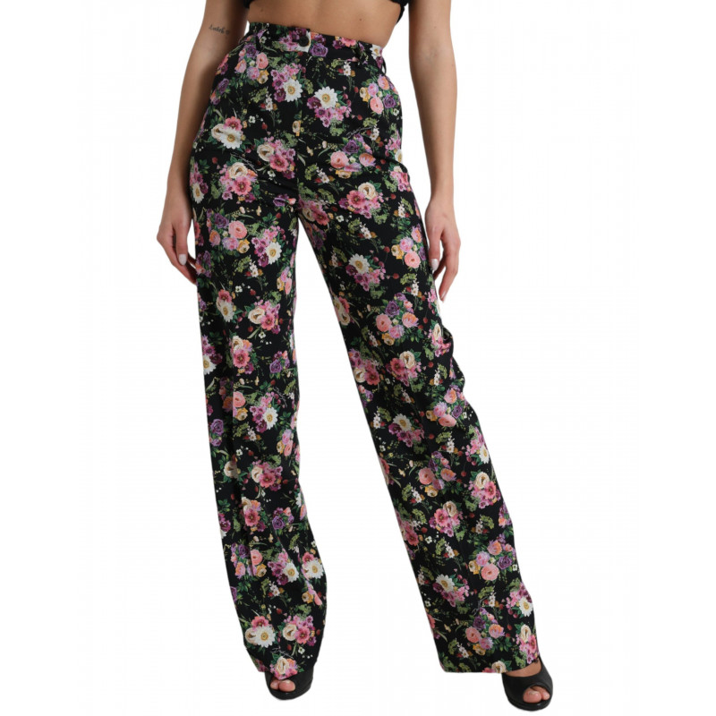 Pantaloni larghi a vita alta in lana floreale nera - IT40-S