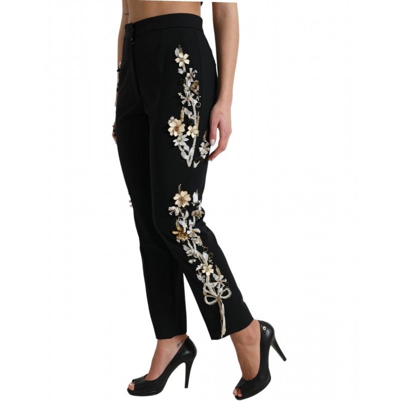 Pantaloni affusolati vita alta applicazioni floreali nere - IT40-S