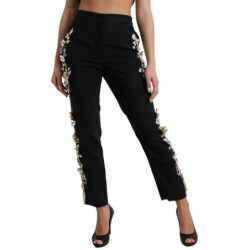 Pantaloni affusolati vita alta applicazioni floreali nere - IT40-S