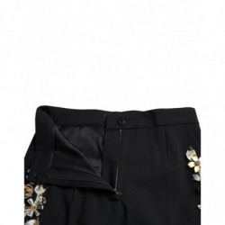 Pantaloni affusolati vita alta applicazioni floreali nere - IT40-S