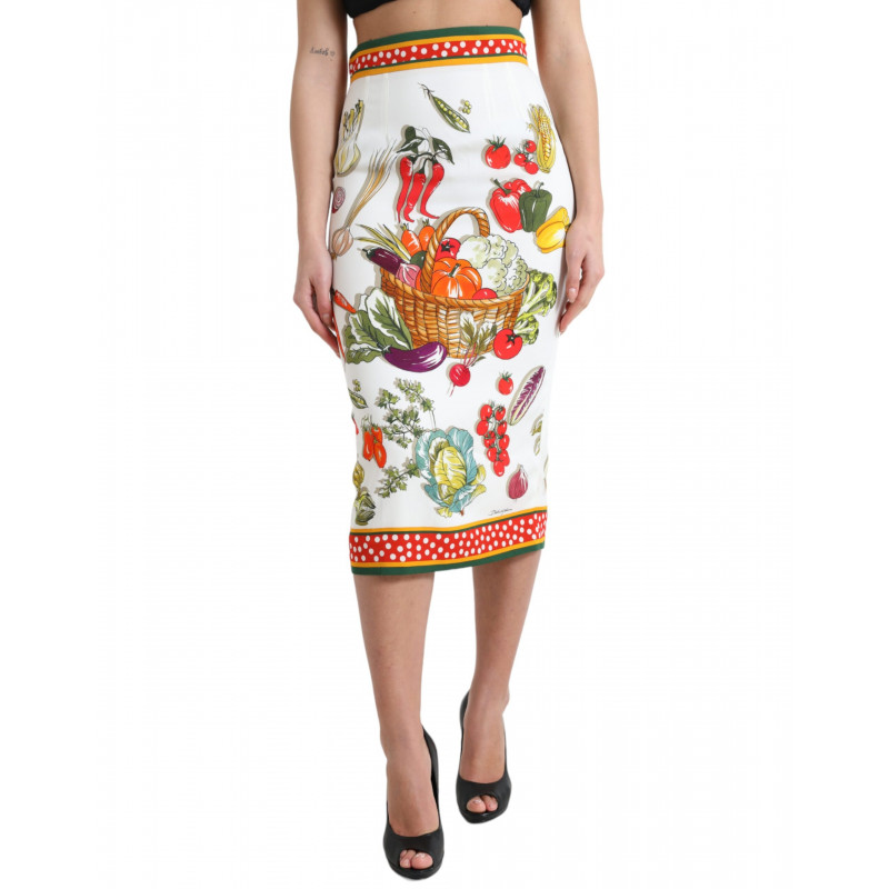 Gonna longuette a vita alta bianca con stampa vegetale - IT42-M