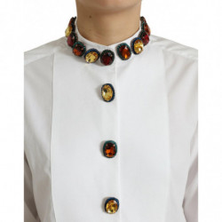 Top camicia impreziosito da cristalli in cotone bianco - IT40-S