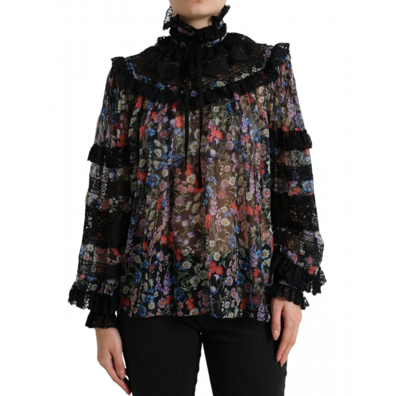 Top camicetta a maniche lunghe con stampa floreale nera - IT40-S