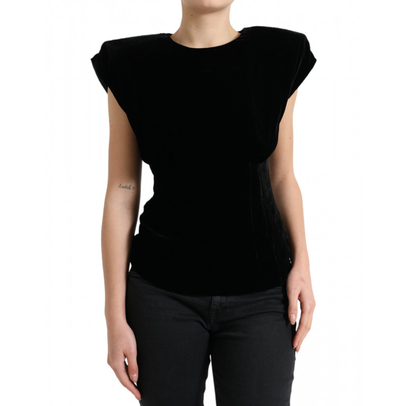 Top camicetta spalle imbottite aderenti velluto nero - IT40-S