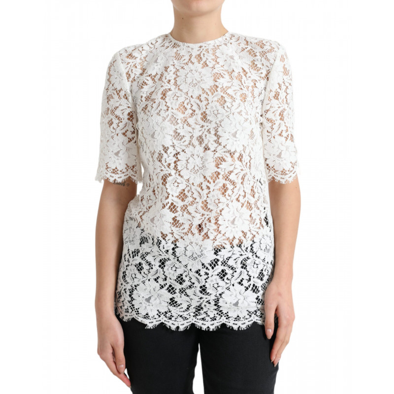 Top camicetta girocollo cotone pizzo floreale bianco - IT40-S