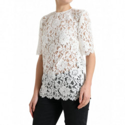 Top camicetta girocollo cotone pizzo floreale bianco - IT40-S