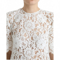 Top camicetta girocollo cotone pizzo floreale bianco - IT40-S