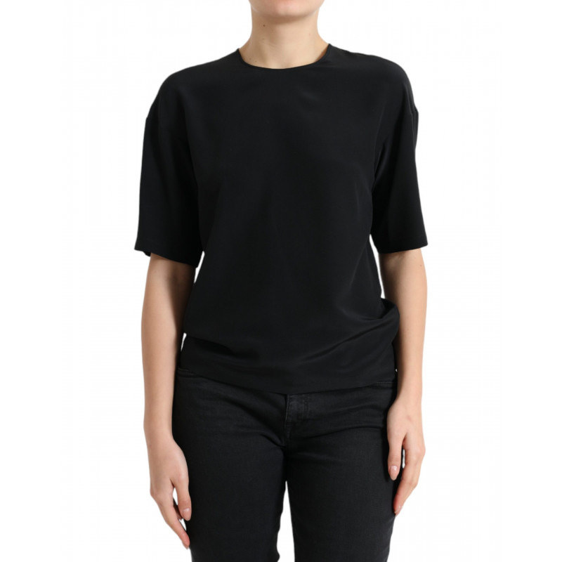 Top camicetta a maniche corte con scollo tondo in seta nera - IT40-S