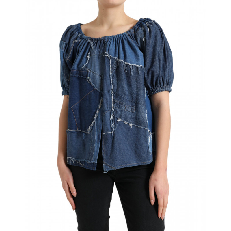 Top in camicetta di jeans a maniche corte patchwork blu - IT40-S