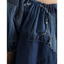 Top in camicetta di jeans a maniche corte patchwork blu - IT40-S