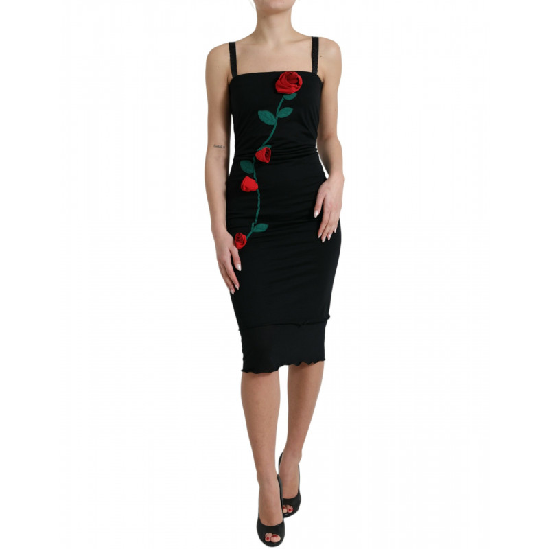 Abito midi aderente tubino in lana con rose nere - IT42-M