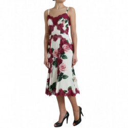 Abito longuette a trapezio in seta con stampa rose bianche - IT40-S