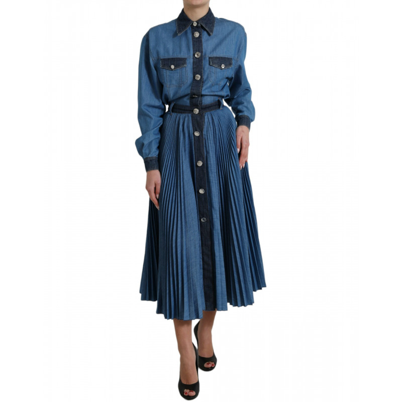 Abito longuette trapezio denim plissettato colletto blu - IT40-S