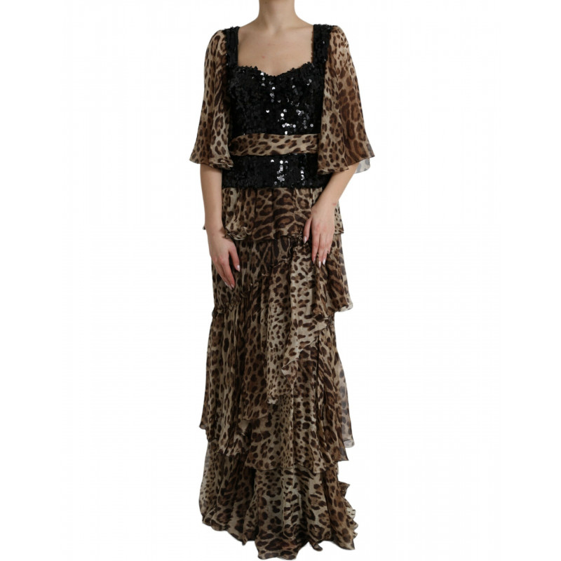 Abito lungo a strati con paillettes leopardate marroni - IT44 - L