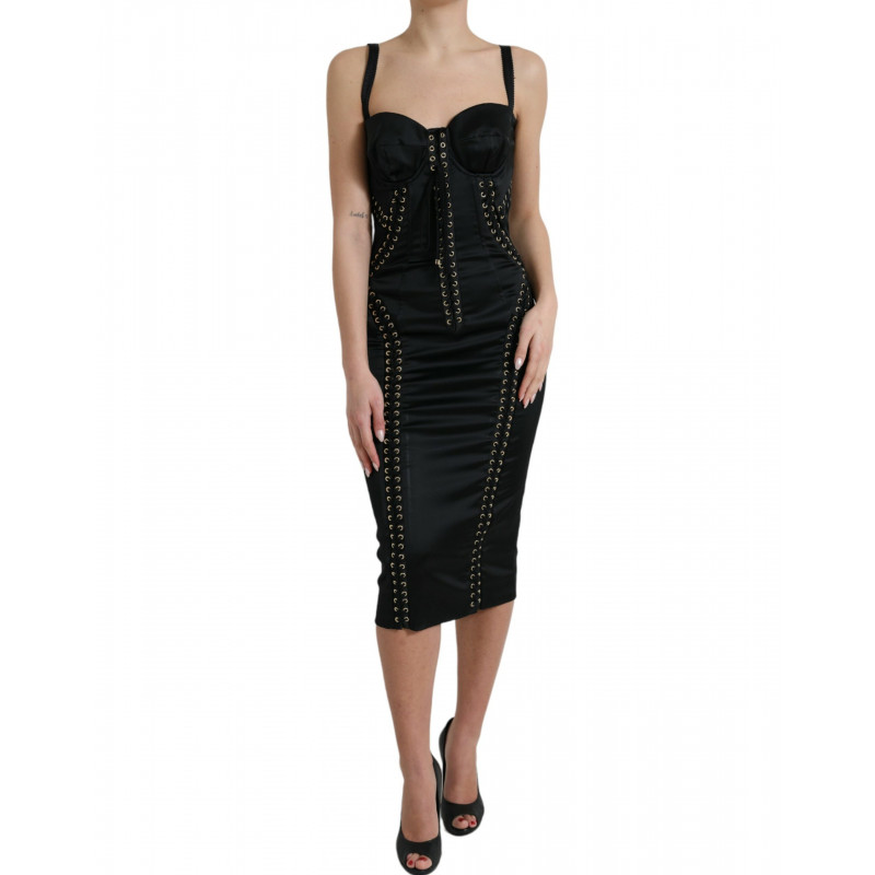 Abito longuette aderente in pizzo con corsetto bustier nero - IT42-M