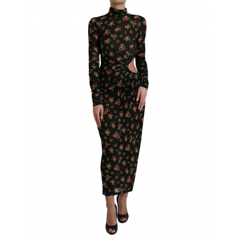 Abito lungo lungo a tubino con motivo floreale nero - IT40-S