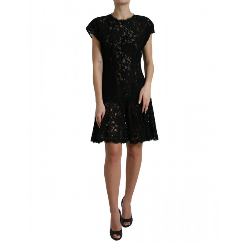 Mini abito a trapezio in cotone pizzo floreale nero - IT42-M
