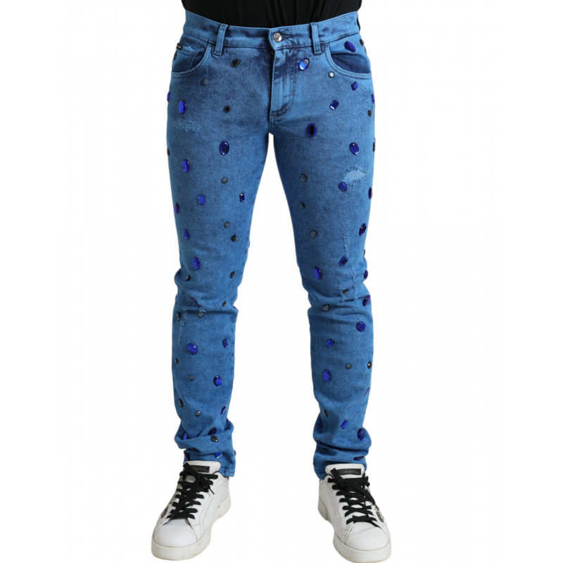 Jeans skinny in denim impreziositi da cristalli blu - IT52 - L