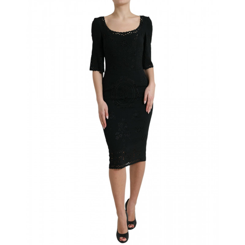 Abito longuette aderente in viscosa con pizzo floreale nero - IT40-S
