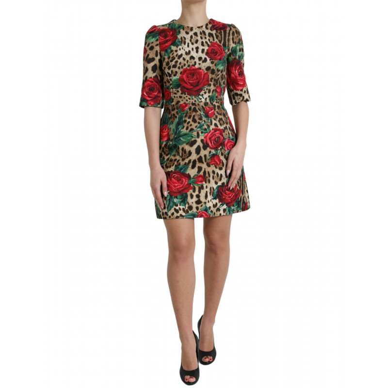 Abito a trapezio in cotone con rose rosse leopardate marroni - IT40-S