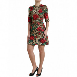 Abito a trapezio in cotone con rose rosse leopardate marroni - IT40-S
