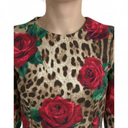 Abito a trapezio in cotone con rose rosse leopardate marroni - IT40-S