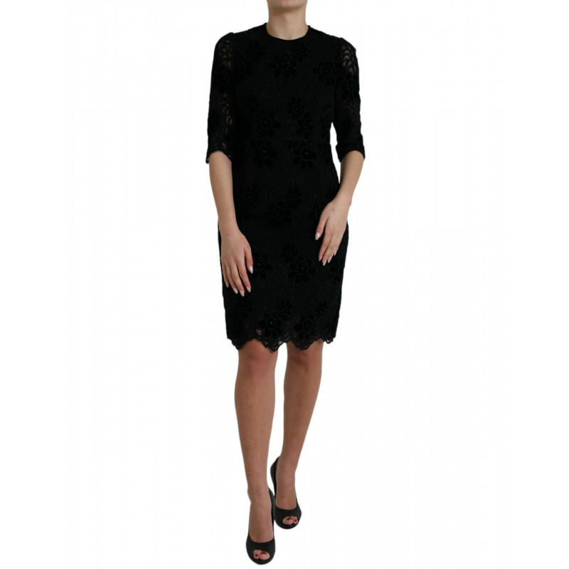 Abito aderente in cotone pizzo floreale nero - IT40-S