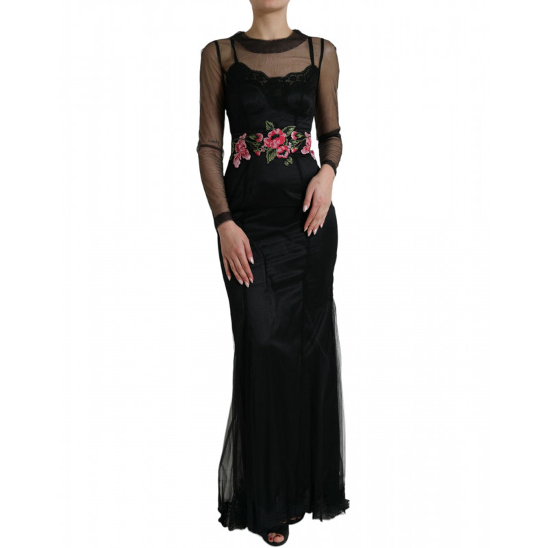 Abito in tulle con rete ricamata floreale nera - IT40-S