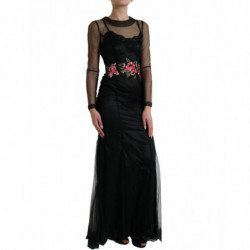 Abito in tulle con rete ricamata floreale nera - IT40-S